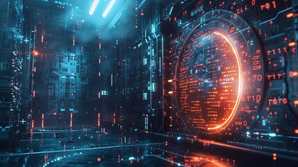 Obraz premium Illustrate a digital fortress, intricate cyber locks, glowing with binary codes, protecting a vault of personal data Render in a sleek, modern digital style