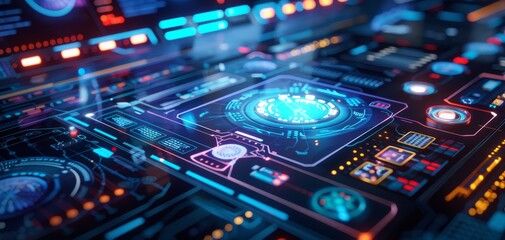 Obraz premium Produce a vibrant, futuristic educational platform interface with holographic learning tools and interactive elements