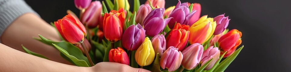 Fototapeta premium A woman tender grasp cradles a vivid array of tulips