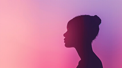 A silhouette illustration of a head shape looking forward, shot from behind. The illustration is a minimal flat black design against a light purple and pink gradient background.
