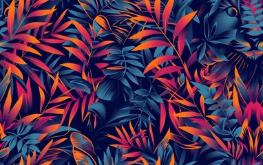 Abstract jungle foliage in vibrant hues of red, orange, and blue, creating a tropical and lively atmosphere.