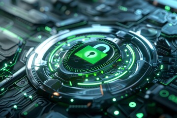 Produce an image of a digital shield, incorporating elements symbolizing trust & safety, such as a lock and a green checkmark Enhance with a futuristic, shiny CG 3D finish