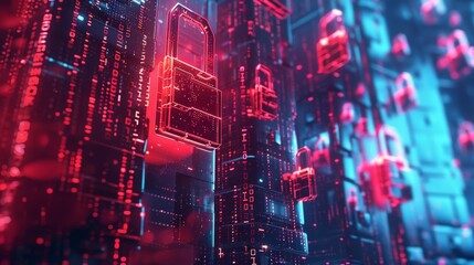 Obraz premium Illustrate a digital fortress, intricate cyber locks, glowing with binary codes, protecting a vault of personal data Render in a sleek, modern digital style