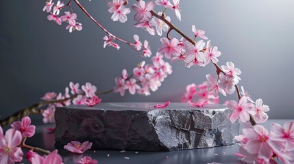 Stone podium with sakura flowers.
