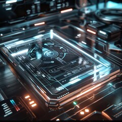 Fototapeta premium Design a dynamic CGI 3D model of a futuristic tablet, featuring holographic display technology and a minimalist, futuristic design language, showcasing cutting-edge innovation