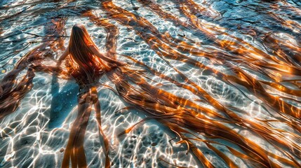   A water body covered with an array of brown and orange algae bobbing above a blue expanse of water