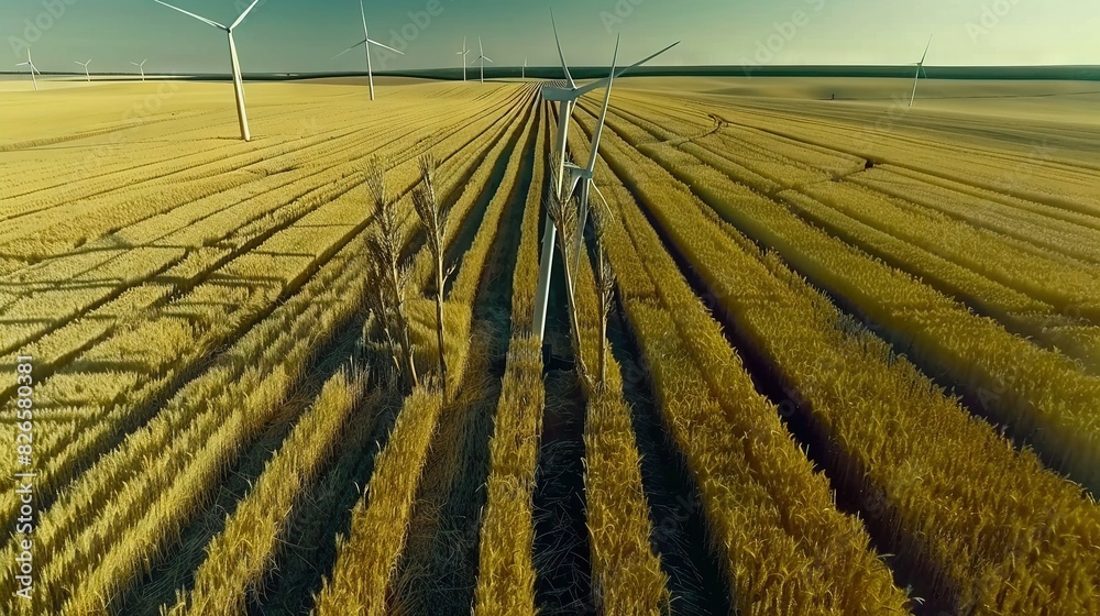 Sticker an image depicting a panoramic view of a wheat field surrounded by wind turbines against a backdrop 