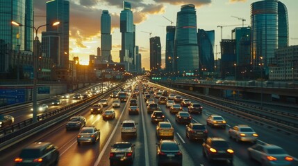 Light flow of traffic on a evening highway in a city with modern high buildings