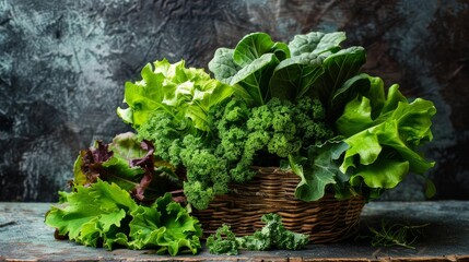 leafy greens, their vibrant shades of green intermingling, spilling over the edge of a rustic wooden basket, emphasizing their freshness and abundance.