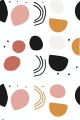 Fototapeta premium A minimalist abstract pattern with colorful geometric shapes and simple curves on a white background.