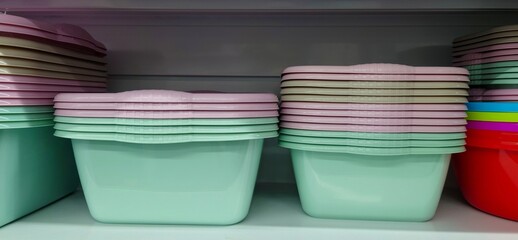 Stacked pastel-colored plastic square basins on display in a store