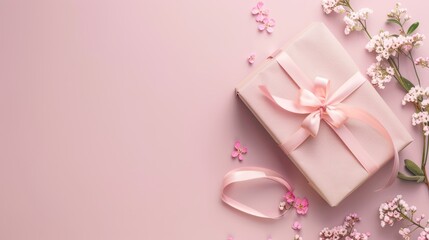 A charming birthday background featuring a gift-wrapped present adorned with a bow and ribbon, placed against a clean background for a minimalist aesthetic.