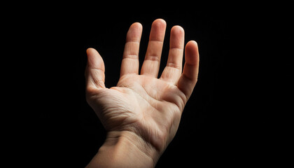 A hand with spread fingers reaching upwards, palm open, evoking curiosity and a sense of seeking. dark background.
