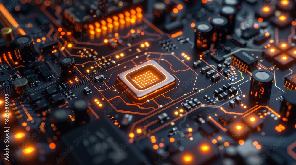 Poster Detailed close-up of a computer chip showing intricate circuits and components.