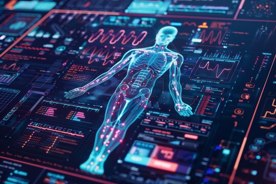 Craft a detailed, realistic depiction of a digital health records database, with intricate data visualization, showcasing a balance of security features and ease of access