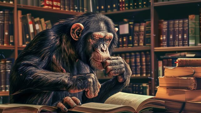 chimpanzee at library intelligent primate reading books surreal animal concept illustration