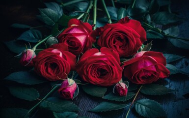 A bouquet of bright red roses. The lighting is gloomy and romantic.