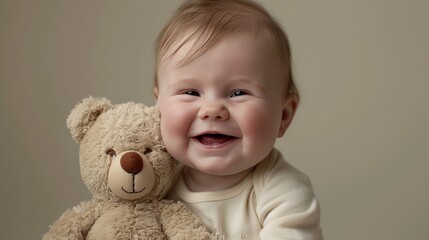 A chubby baby with rosy cheeks and a toothless grin, giggling while holding a teddy bear.