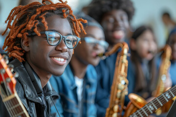 Students in a music class practicing with guitars, keyboards, and saxophones, having a joyful...
