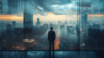 Lone executive overlooking sprawling city skyline at dusk symbolizing strategic vision and corporate leadership