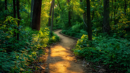 Serene Forest Path with Winding Curves and Sunlit Canopy