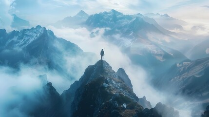 Lone figure atop a misty mountain peak embracing the energy of new beginnings and the promise of unexplored horizons - Powered by Adobe