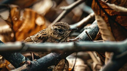   A tiny bird perches on a high tree limb beside a chain-link fence with foliage below