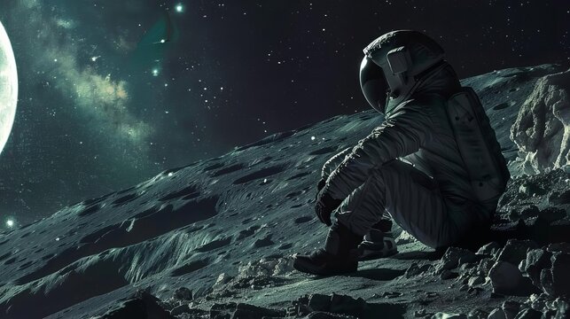 contemplative astronaut gazing at earth from moons surface profound solitude in vast cosmos digital painting