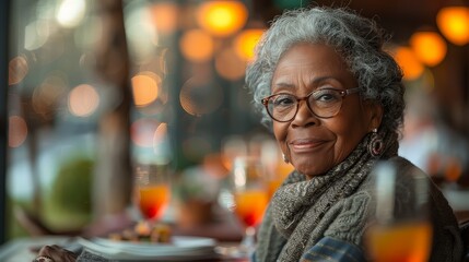 A woman is seated at a table, holding a glass of orange juice in a senior living community cafe.