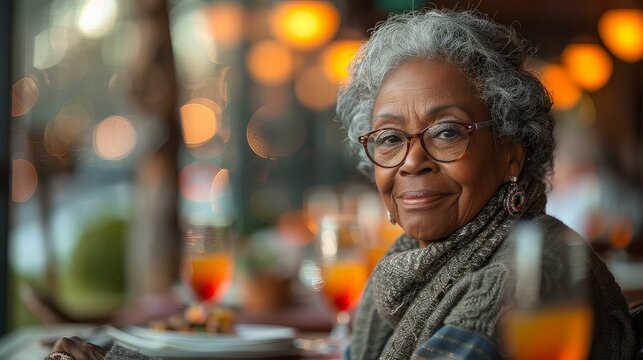A woman is seated at a table, holding a glass of orange juice in a senior living community cafe.