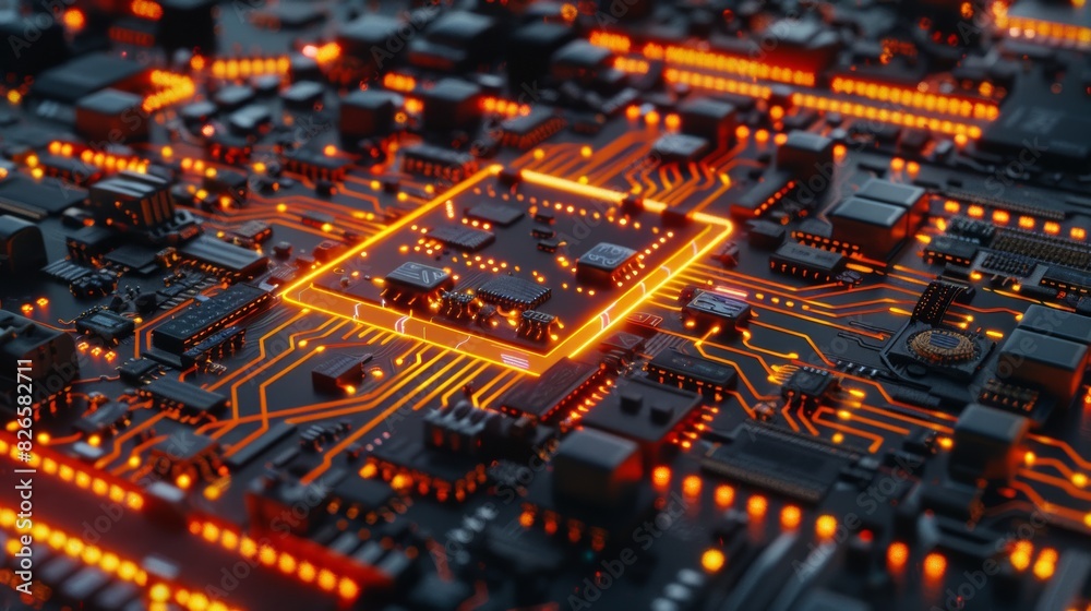 Poster computer chip with intricate circuitry, glowing with digital pulses and signals.