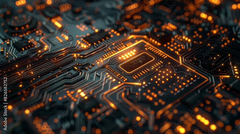 Poster computer chip with intricate circuitry, glowing with digital pulses and signals.