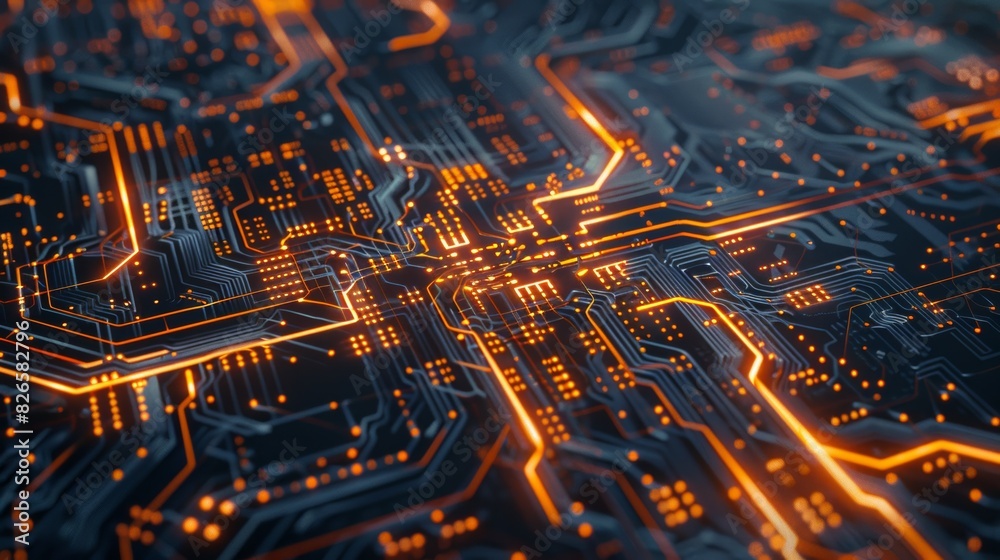 Poster computer chip with intricate circuitry, glowing with digital pulses and signals.