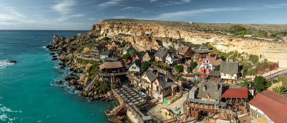 Aerial view of Popeye village by the Mediterranean Sea, Mellieha, Malta.