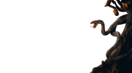 Serpent snake in the biblical Garden of Eden. Snake coiled around the trunk of the Tree of Life. Featuring the forbidden fruit, the Garden of Eden where Adam and Eve lived in the Bible's Genesis.