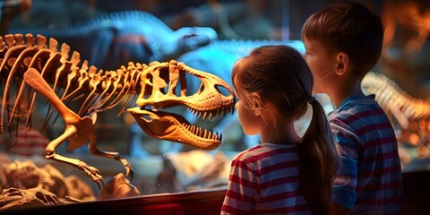 Kids on a field trip explore a prehistoric museum with dinosaur fossils. Concept School Excursion,...