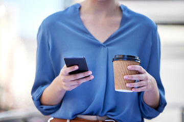 Businesswoman, walking and phone with hands typing or coffee for energy, research for accounting career. Female accountant, mobile and search for location with latte, online app for calendar at work