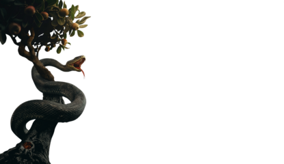 Serpent snake in the Edenic garden. Snake coiled around the trunk of the Tree of Life. Featuring the forbidden fruit, the Garden of Eden where Adam and Eve lived in the Genesis story from the Bible