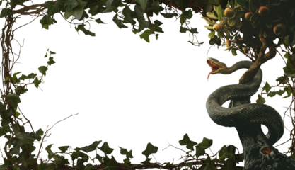 Serpent snake in the garden of Eden. Snake coiled around the trunk of the tree of life. Featuring the forbidden fruit, the garden of Eden where adam and eve lived in the book of Genesis from the bible