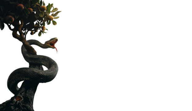 Serpent snake in the Edenic garden. Snake coiled around the trunk of the Tree of Life. Featuring the forbidden fruit, the Garden of Eden where Adam and Eve lived in the Genesis story from the Bible