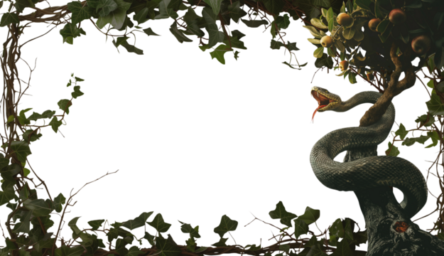 Serpent snake in the garden of Eden. Snake coiled around the trunk of the tree of life. Featuring the forbidden fruit, the garden of Eden where adam and eve lived in the book of Genesis from the bible