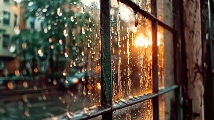   A window with raindrops on it and a building in the background, with a streetlight in the foreground