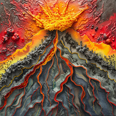 A detailed cross-section of a volcanic eruption, vibrant colors, intricate lava flows, geological layers, high-detail, educational and visually dramatic.Highly detailed