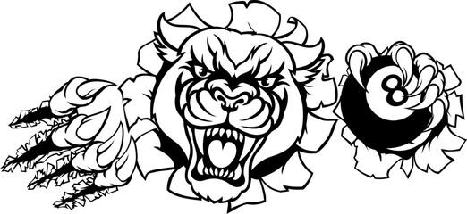 A panther angry mean pool billiards mascot cartoon character holding a black 8 ball. © Christos Georghiou