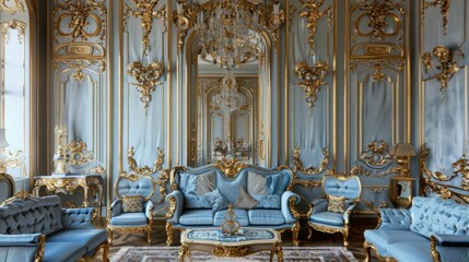 Fototapeta premium Elegant Rococo-Inspired Living Room: Blue and Gold Color Scheme with Antique Furniture. Luxurious Palace Interior. 4K HD Wallpaper.