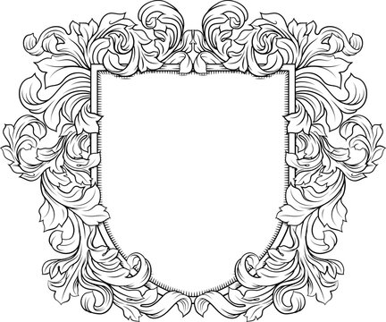 A shield crest heraldic armorial medieval family coat of arms design with filigree heraldry illustration in vintage woodcut style