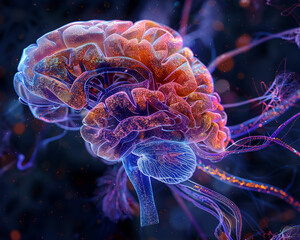A detailed illustration of a human brain with neural connections highlighted, vibrant colors, intricate patterns, advanced medical visualization