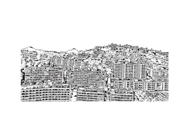 Print Building view with landmark of Santa Ponsa is the village in Spain. Hand drawn sketch illustration in vector.