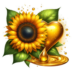 A splash of sunflower oil with sunflower is isolated on a transparent background in this beautiful...