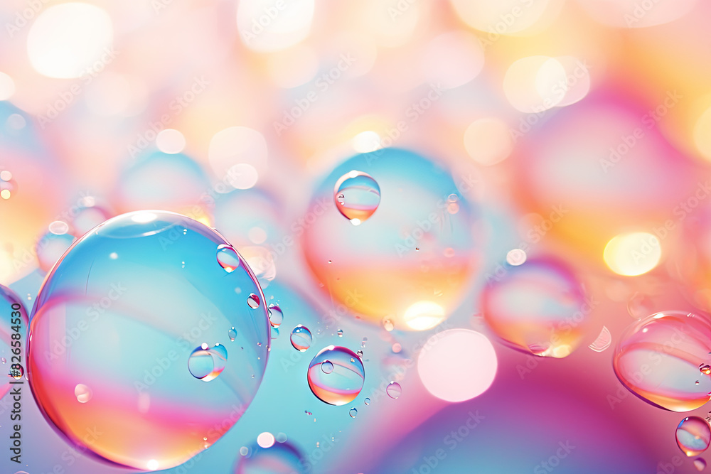 Poster pink holographic bubbles floating on the soft colorful abstract background in beautiful vivid tones.